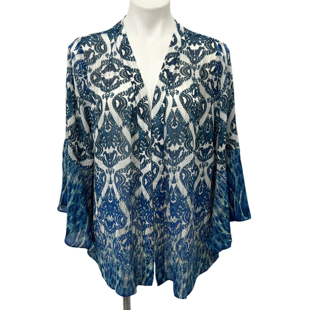 Susan Graver Woven Open Front Cardigan Bell Sleeve Blue Boho size L Hi-Lo Hem